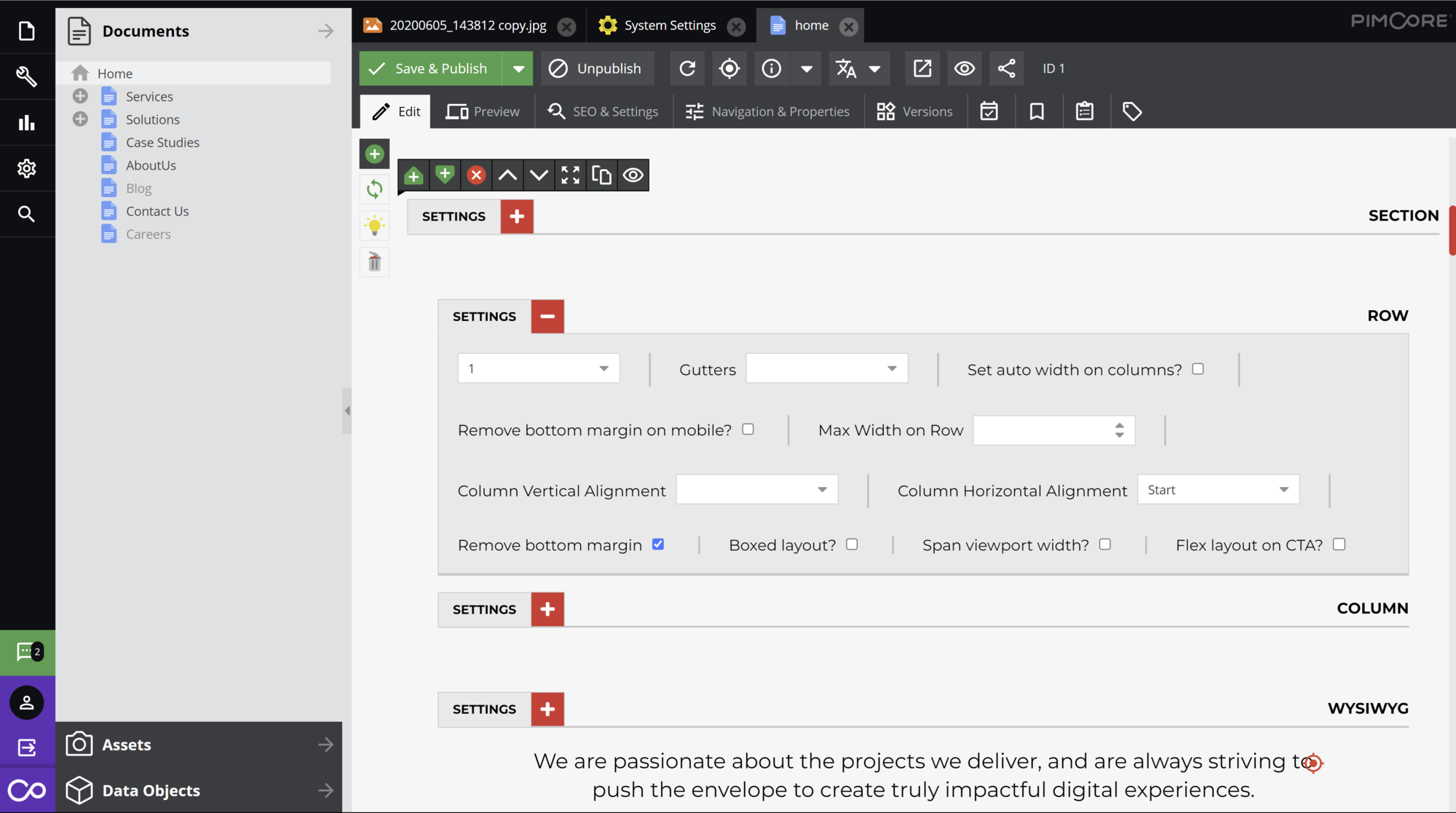 Photo of Pimcore admin backend showing content management system components